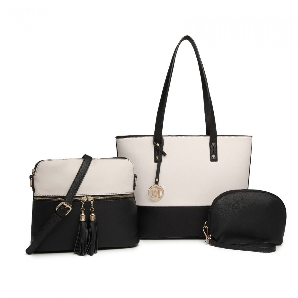 3-Piece PU Leather Tote Bag Set – Black and Beige