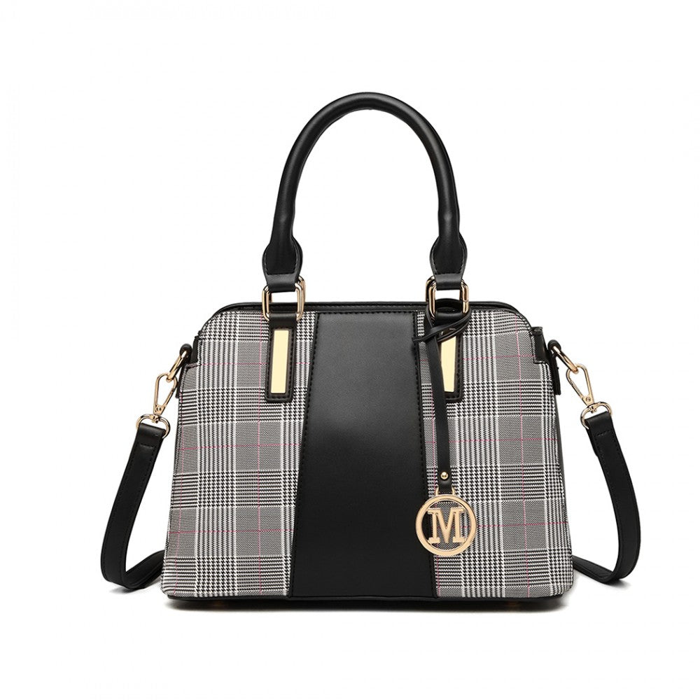 Gingham Plaid Panel Shoulder Bag – Black