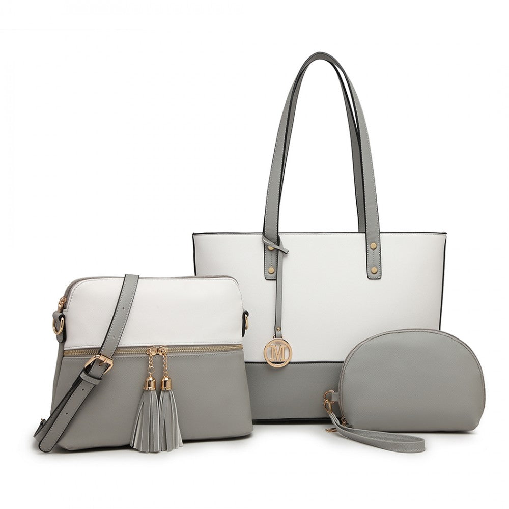 3-Piece PU Leather Tote Bag Set – Grey and White