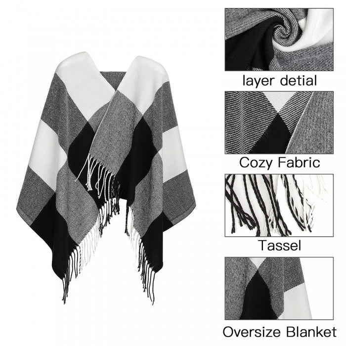 Women Fashion Long Shawl Grid Tassel Winter Warm Lattice Large Scarf – Black