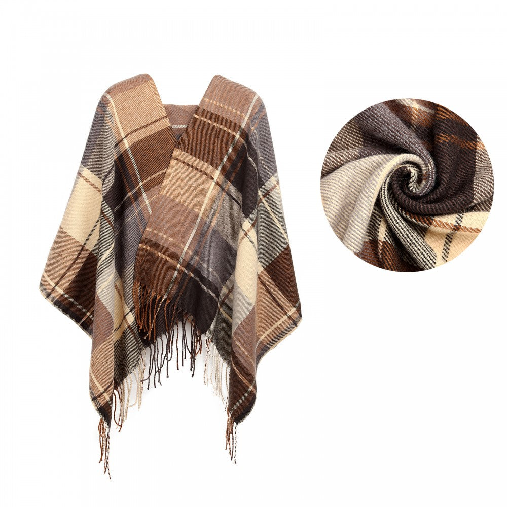 Women Fashion Long Shawl Grid Tassel Winter Warm Lattice Large Scarf – Brown