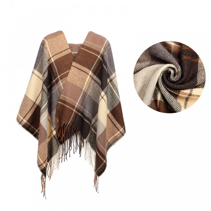 Women Fashion Long Shawl Grid Tassel Winter Warm Lattice Large Scarf – Brown
