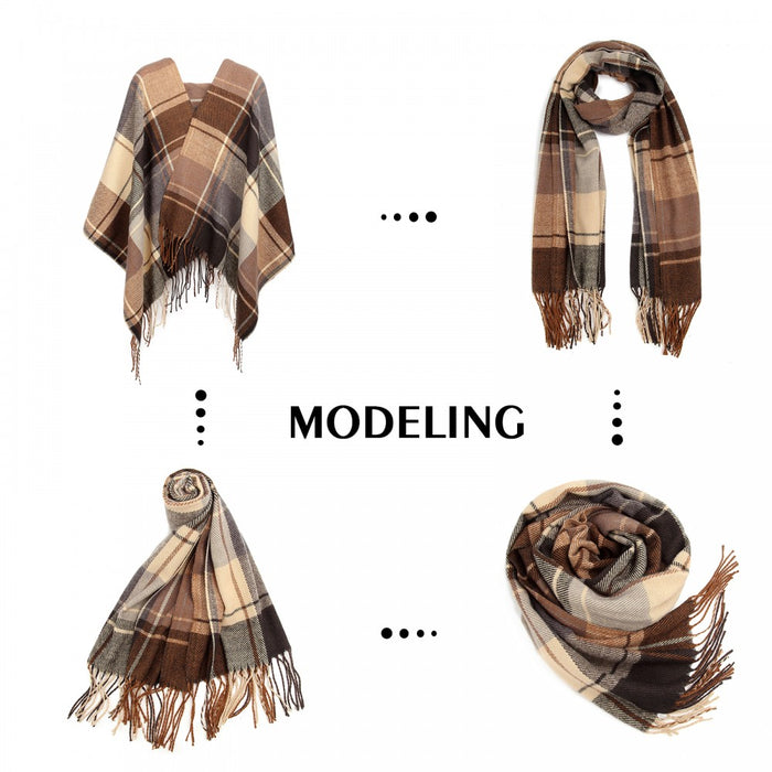 Women Fashion Long Shawl Grid Tassel Winter Warm Lattice Large Scarf – Brown