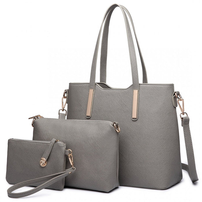 3-Piece Tote Shoulder Bag and Clutch – Grey