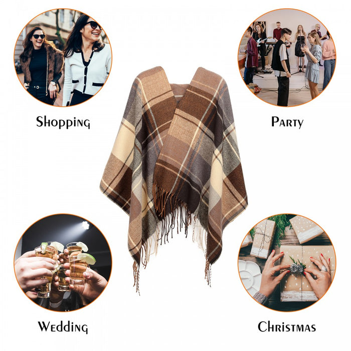 Women Fashion Long Shawl Grid Tassel Winter Warm Lattice Large Scarf – Brown