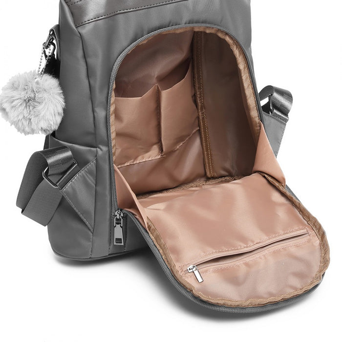 Two Way Backpack Shoulder Bag with Pom Pendant – Grey