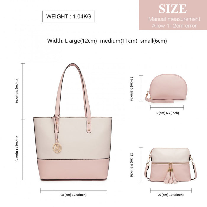 3-Piece PU Leather Tote Bag Set – Pink and Beige