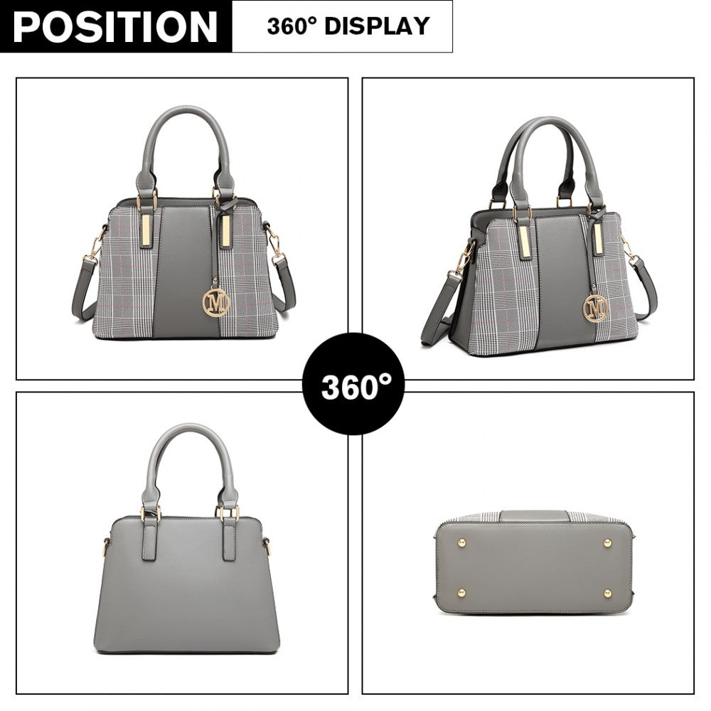 Gingham Plaid Panel Shoulder Bag – Grey