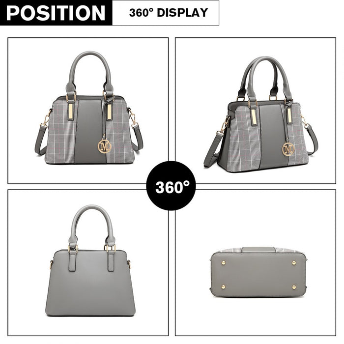Gingham Plaid Panel Shoulder Bag – Grey