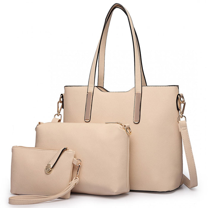 3-Piece Tote Shoulder Bag and Clutch – Beige