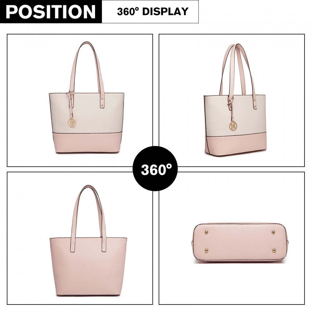 3-Piece PU Leather Tote Bag Set – Pink and Beige