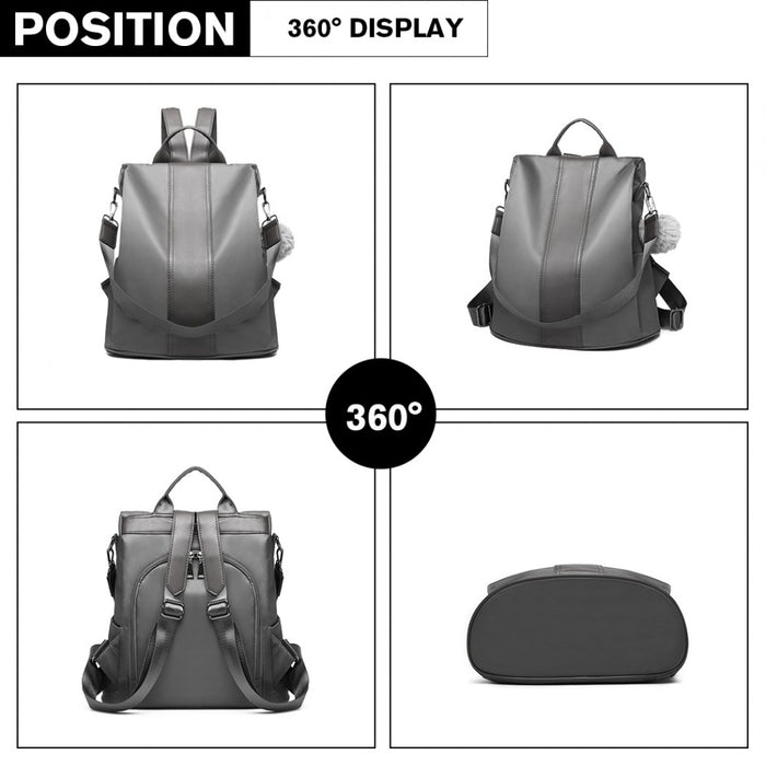 Two Way Backpack Shoulder Bag with Pom Pendant – Grey