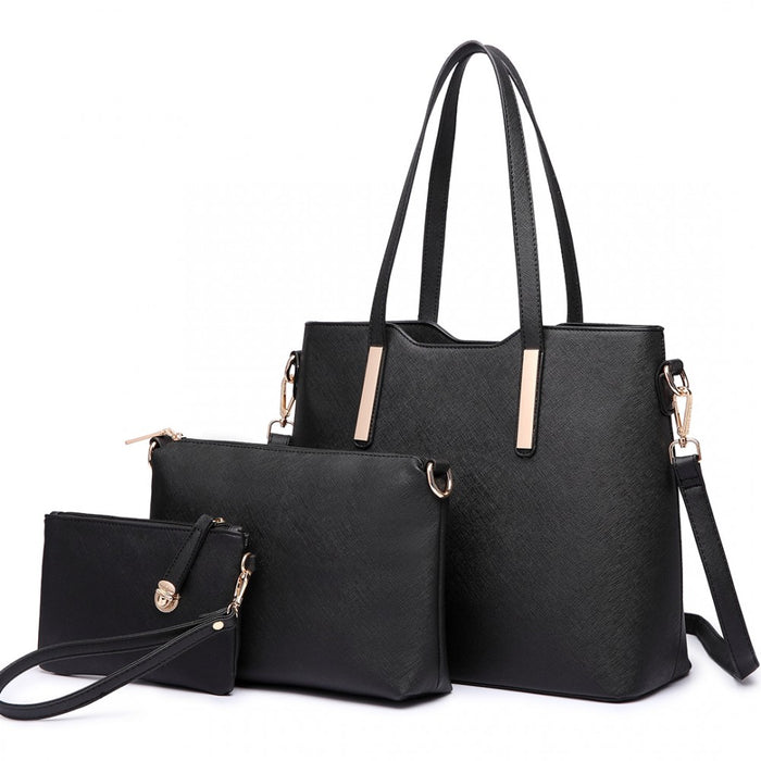 3-Piece Tote Shoulder Bag and Clutch – Black