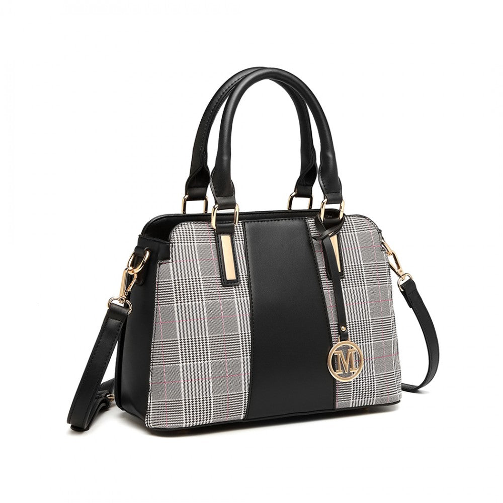 Gingham Plaid Panel Shoulder Bag – Black