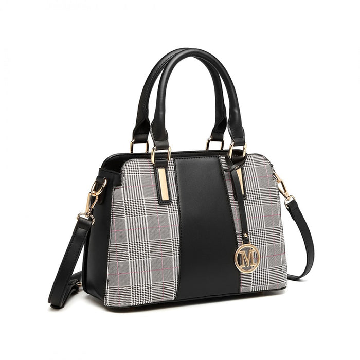 Gingham Plaid Panel Shoulder Bag – Black