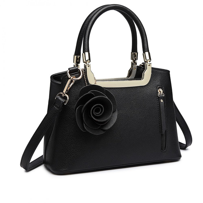 PU Leather Rose Hanging Ornament Handbag – Black