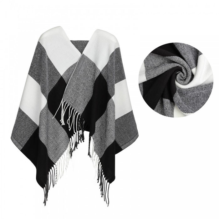Women Fashion Long Shawl Grid Tassel Winter Warm Lattice Large Scarf – Black
