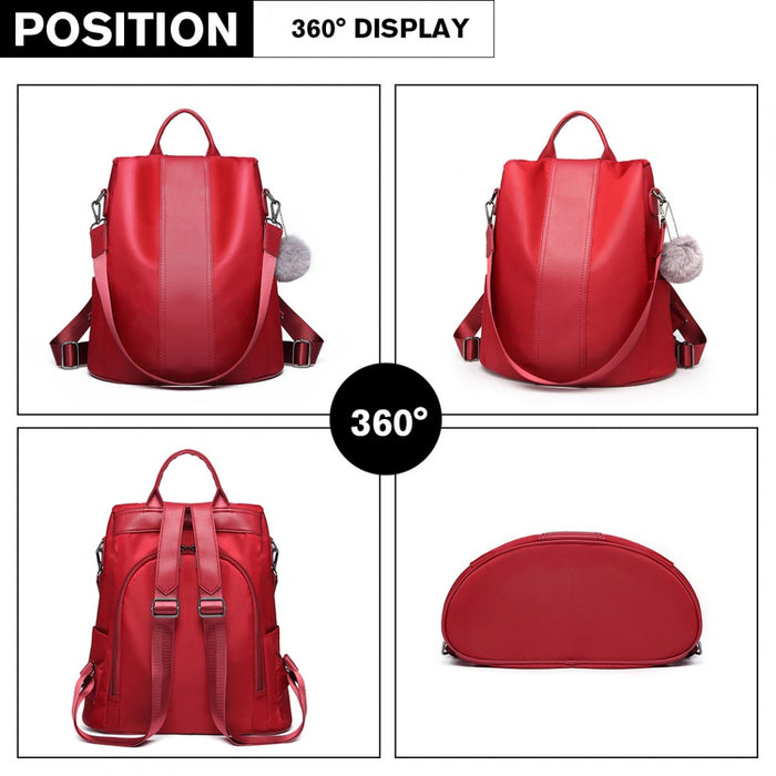 Two Way Backpack Shoulder Bag with Pom Pendant – Red