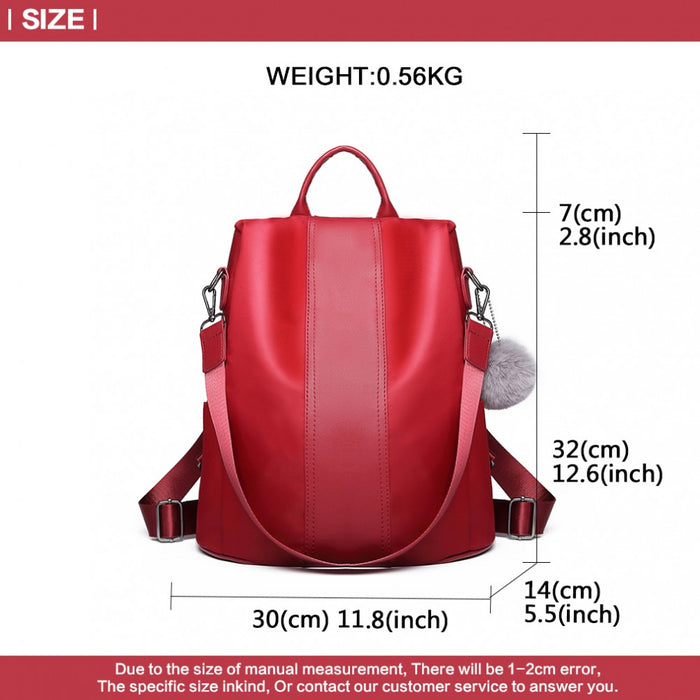 Two Way Backpack Shoulder Bag with Pom Pendant – Red