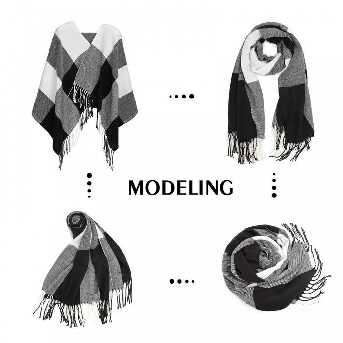 Women Fashion Long Shawl Grid Tassel Winter Warm Lattice Large Scarf – Black