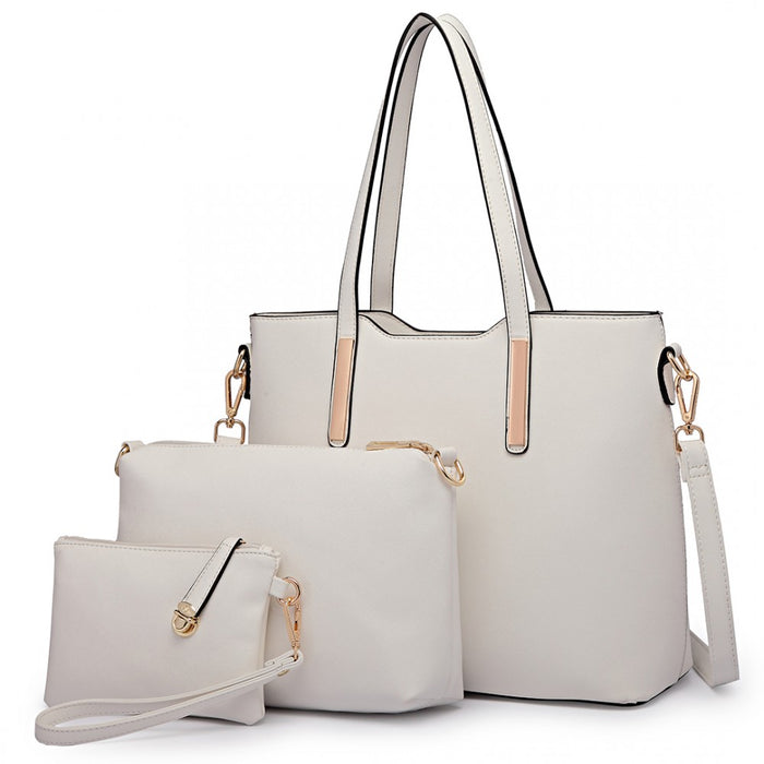 3-Piece Tote Shoulder Bag and Clutch – White