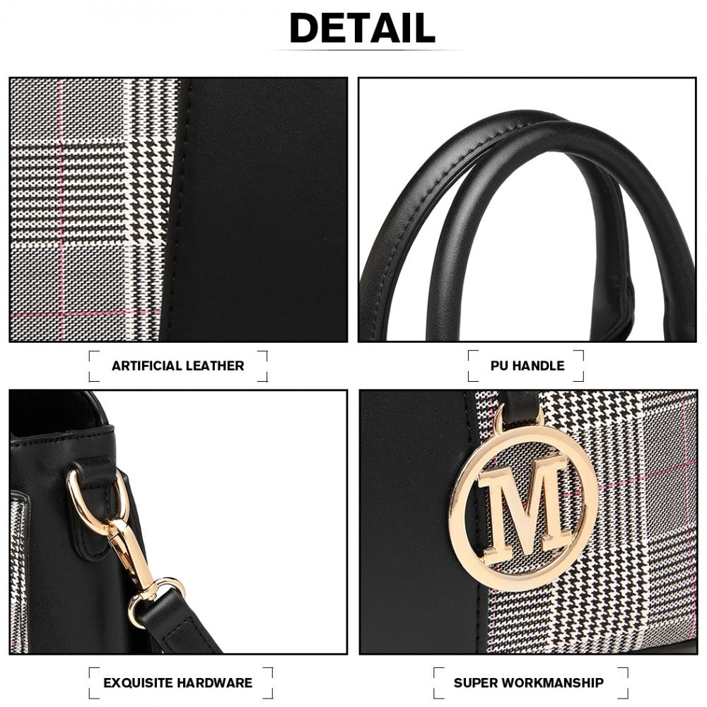Gingham Plaid Panel Shoulder Bag – Black