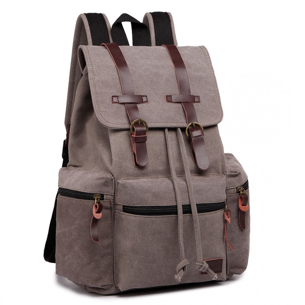 E1672 - Kono Large Multi Function Leather Details Canvas Backpack Grey - Image 2