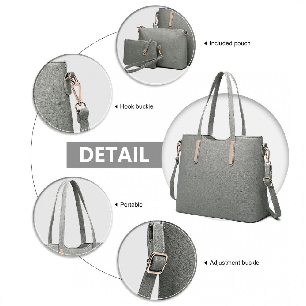 3-Piece Tote Shoulder Bag and Clutch – Dark Grey