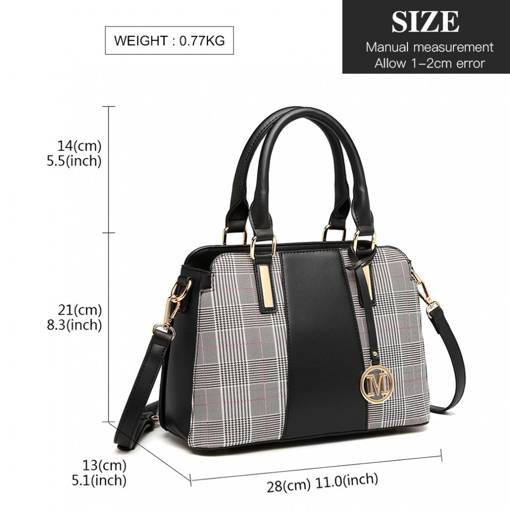 Gingham Plaid Panel Shoulder Bag – Black