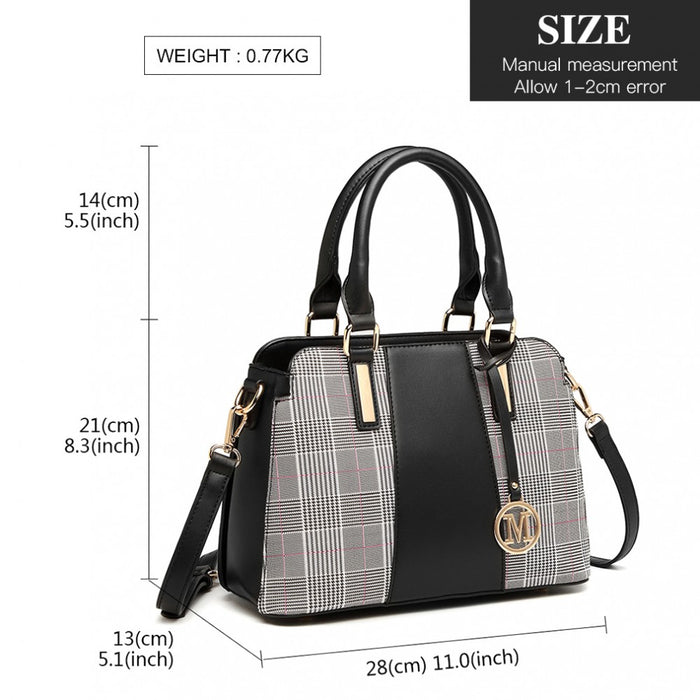 Gingham Plaid Panel Shoulder Bag – Black