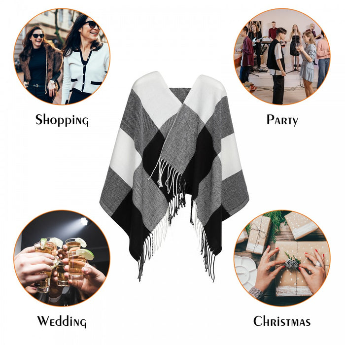 Women Fashion Long Shawl Grid Tassel Winter Warm Lattice Large Scarf – Black