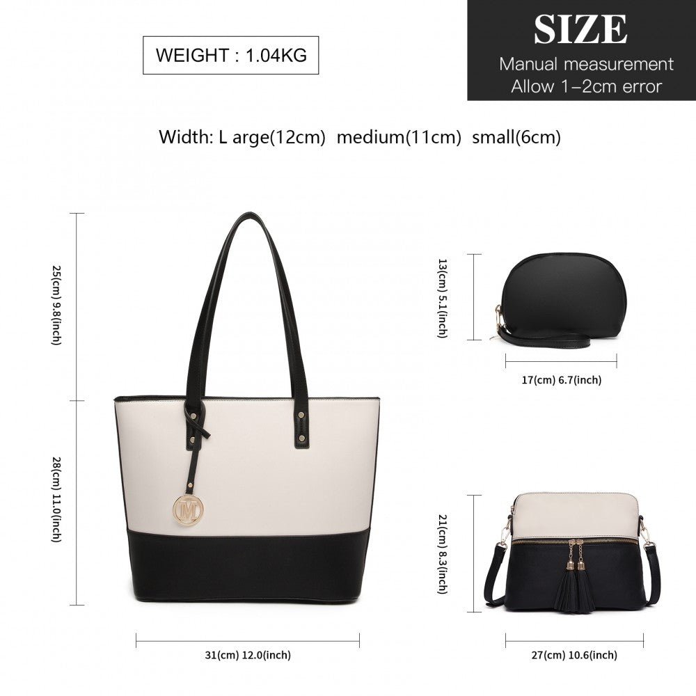 3-Piece PU Leather Tote Bag Set – Black and Beige
