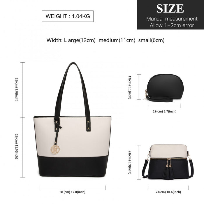 3-Piece PU Leather Tote Bag Set – Black and Beige