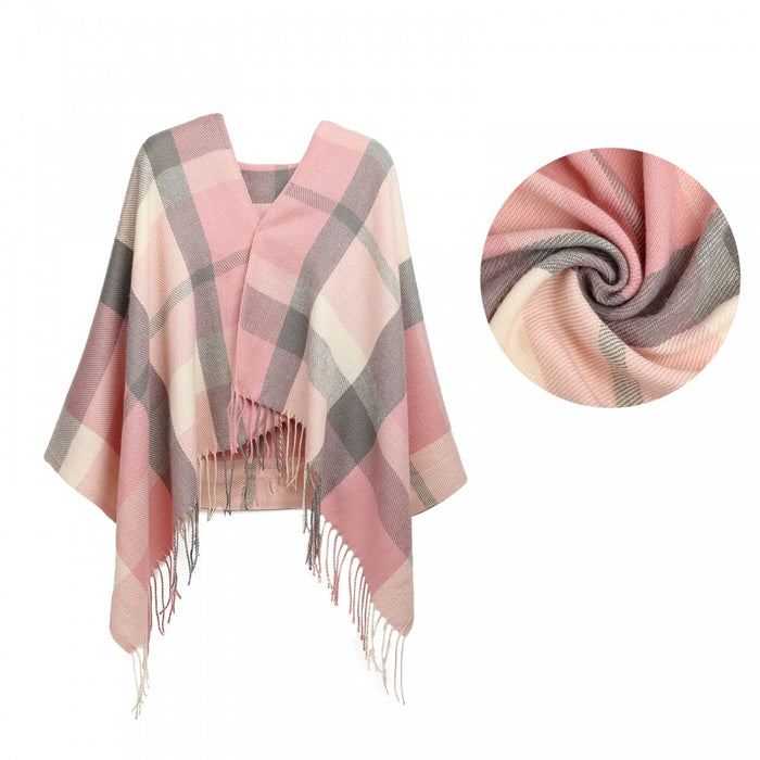 Women Fashion Long Shawl Grid Tassel Winter Warm Lattice Large Scarf – Pink