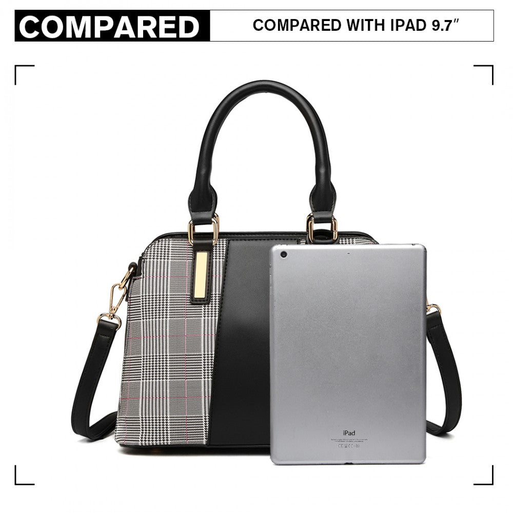 Gingham Plaid Panel Shoulder Bag – Black