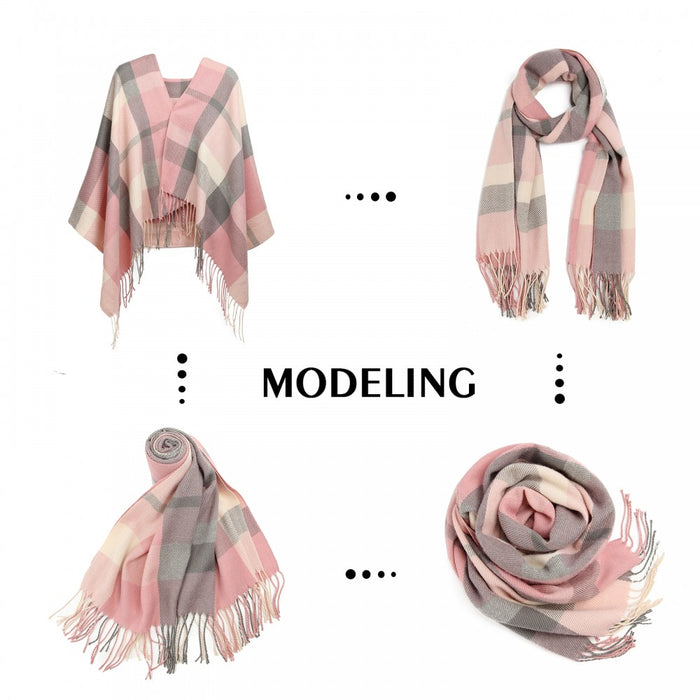 Women Fashion Long Shawl Grid Tassel Winter Warm Lattice Large Scarf – Pink