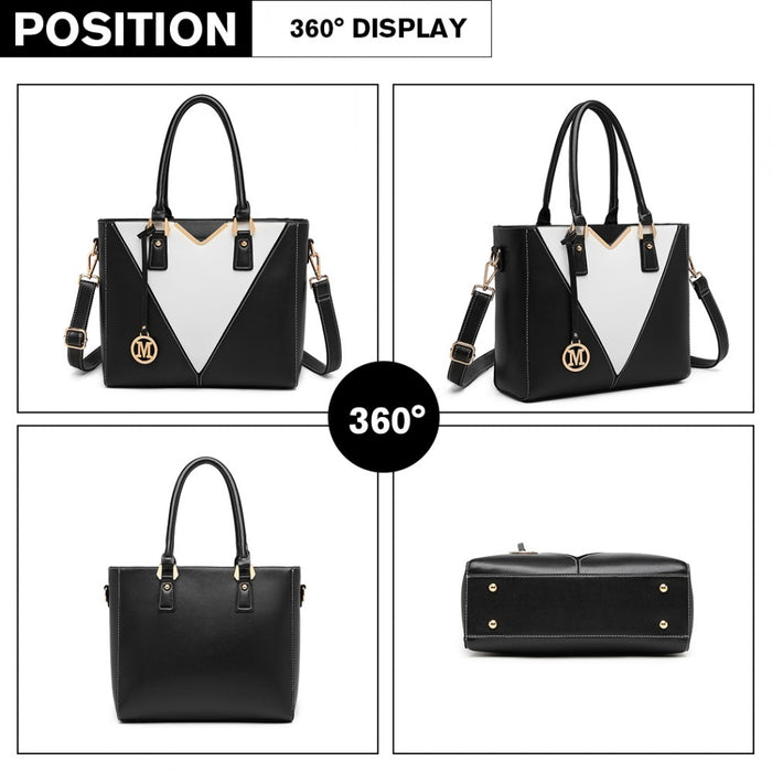 PU Leather V-Shape Shoulder Handbag – Black