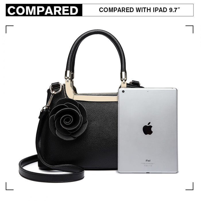 PU Leather Rose Hanging Ornament Handbag – Black