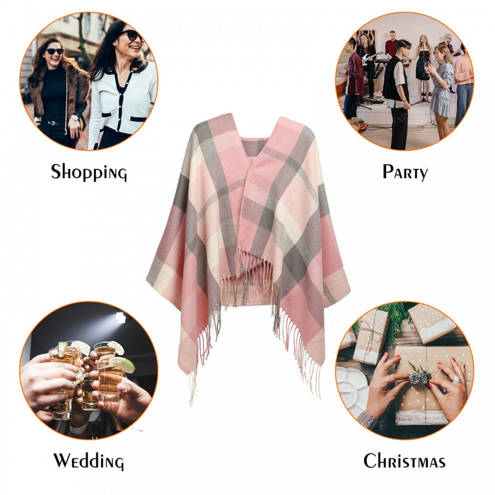 Women Fashion Long Shawl Grid Tassel Winter Warm Lattice Large Scarf – Pink