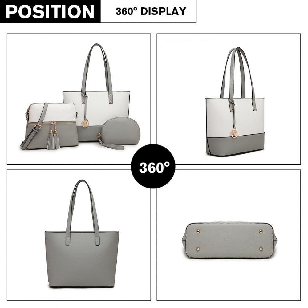 3-Piece PU Leather Tote Bag Set – Grey and White