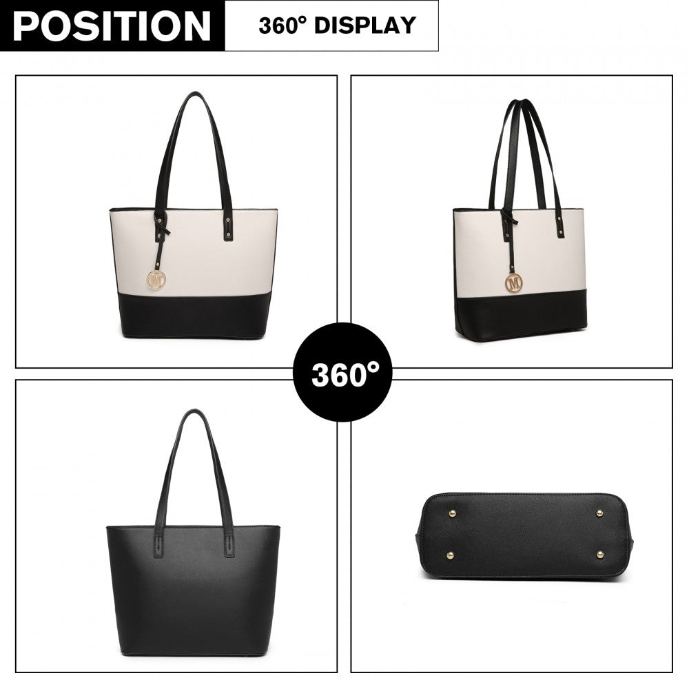 3-Piece PU Leather Tote Bag Set – Black and Beige