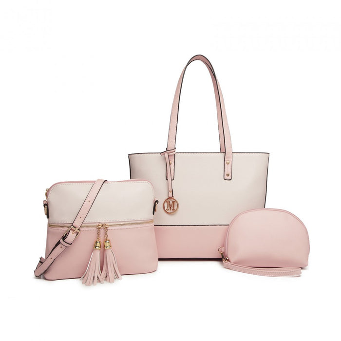 3-Piece PU Leather Tote Bag Set – Pink and Beige