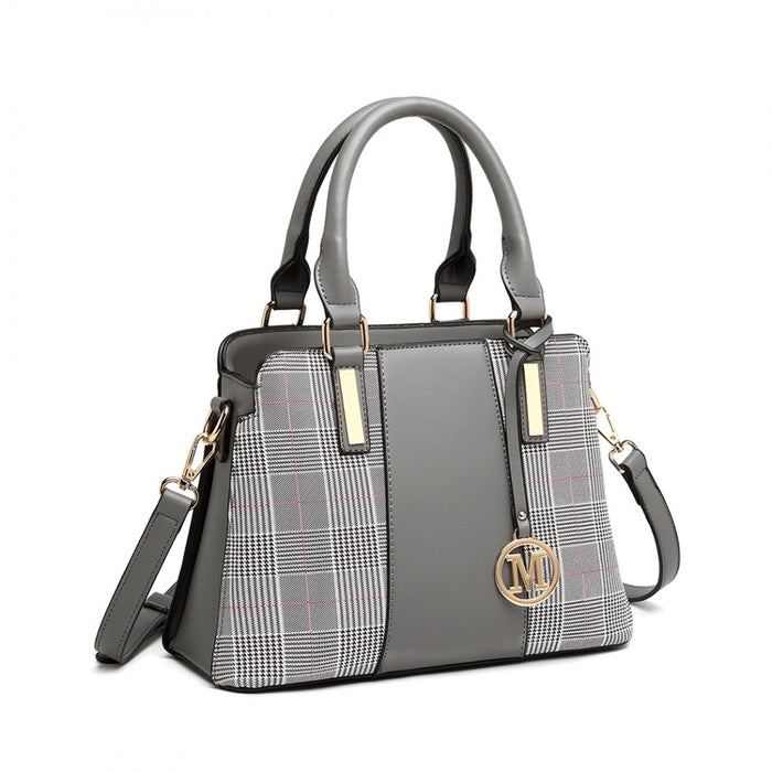 Gingham Plaid Panel Shoulder Bag – Grey