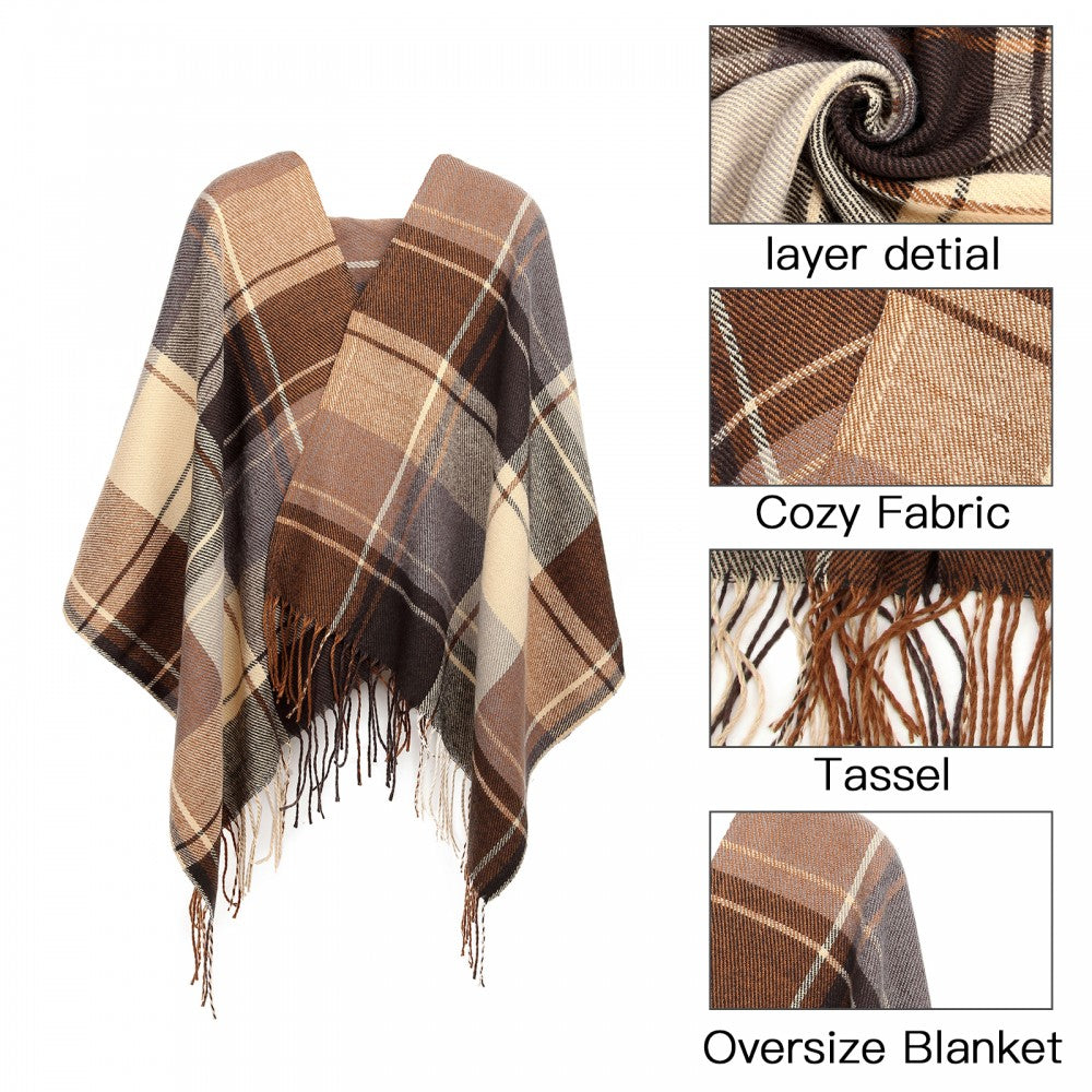 Women Fashion Long Shawl Grid Tassel Winter Warm Lattice Large Scarf – Brown