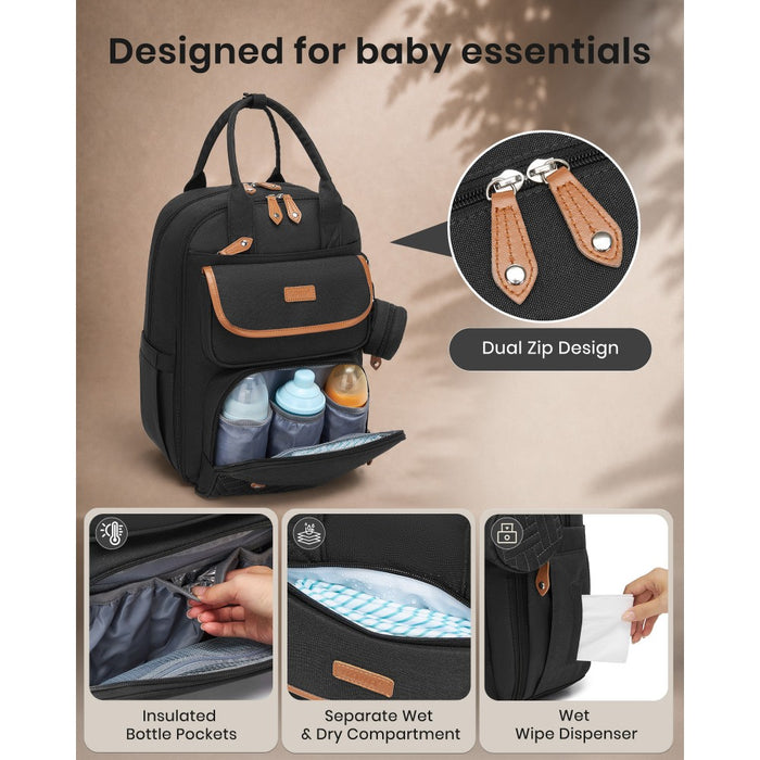 3-in-1 Mummy Nappy Backpack Set with Changing Mat and Insulated Pacifier Pouch – Black