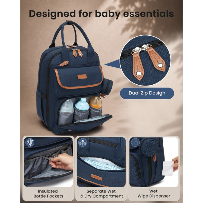 3-in-1 Mummy Nappy Backpack Set with Changing Mat and Insulated Pacifier Pouch – Navy