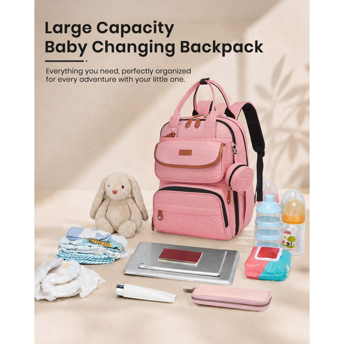 3-in-1 Mummy Nappy Backpack Set with Changing Mat and Insulated Pacifier Pouch – Pink