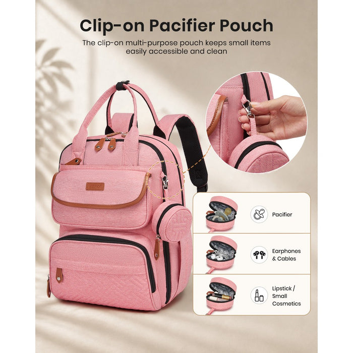 3-in-1 Mummy Nappy Backpack Set with Changing Mat and Insulated Pacifier Pouch – Pink