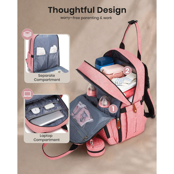 3-in-1 Mummy Nappy Backpack Set with Changing Mat and Insulated Pacifier Pouch – Pink