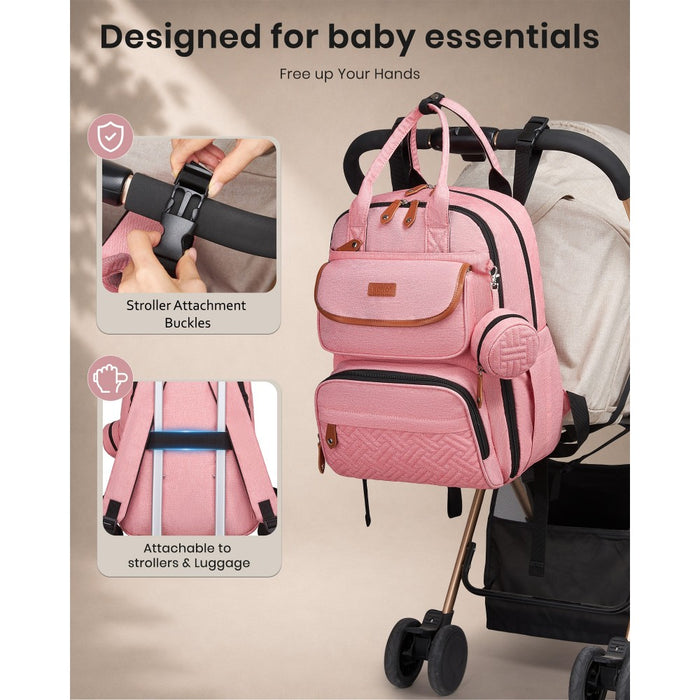 3-in-1 Mummy Nappy Backpack Set with Changing Mat and Insulated Pacifier Pouch – Pink